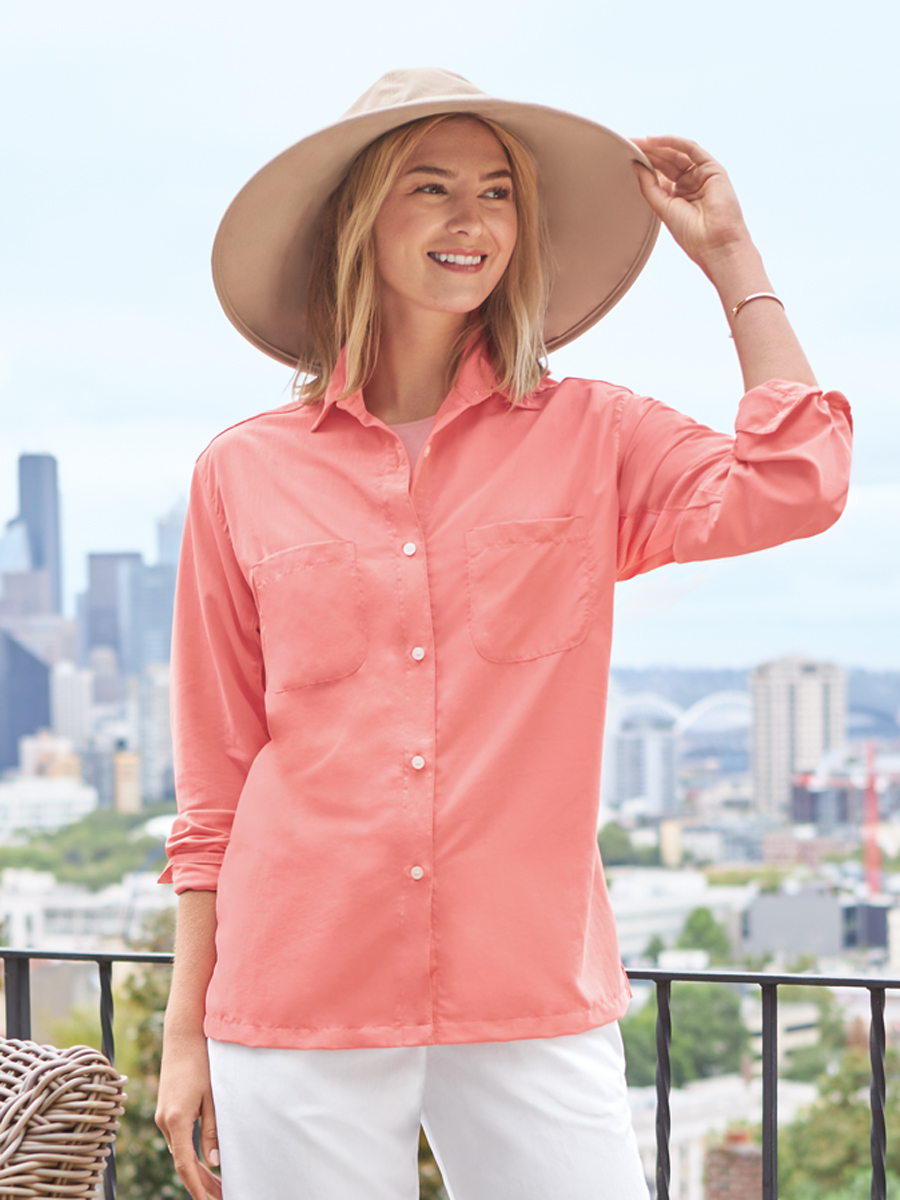 Women's Button Down Shirt - Two Breast Pockets / Pointed Collar / Pink